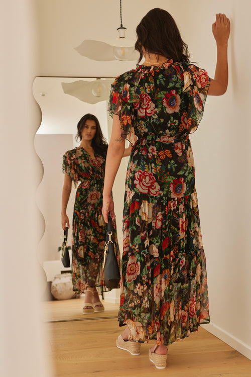 Flutter Black Floral Floaty Sleeve Maxi Dress WW Dress By Rosa.   