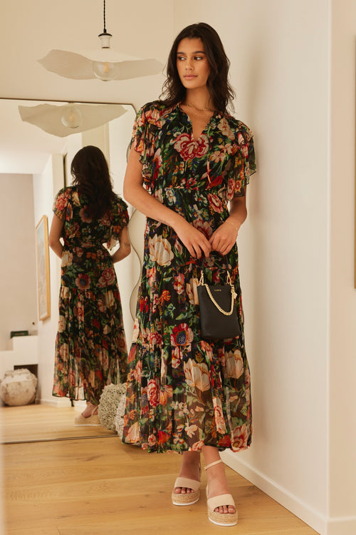 Flutter Black Floral Floaty Sleeve Maxi Dress WW Dress By Rosa.   