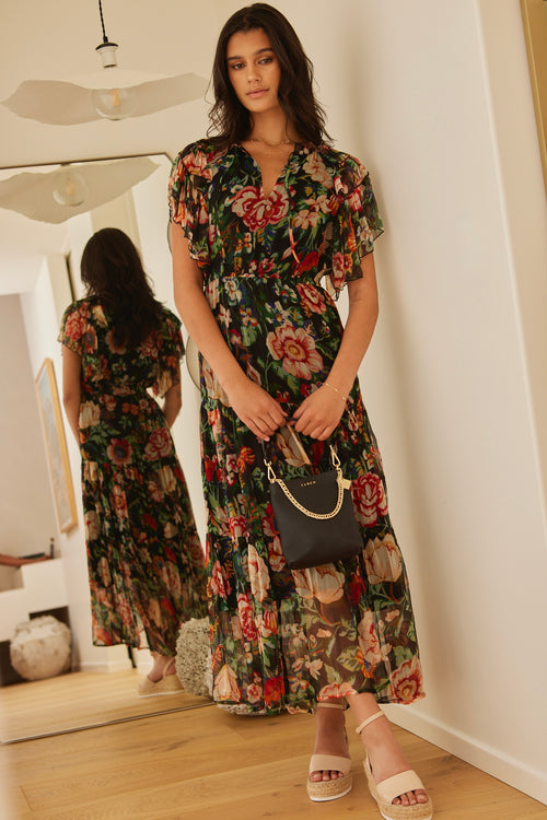 Shop Flutter Black Floral Floaty Sleeve Maxi Dress Flo Frankie