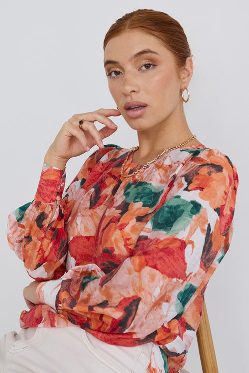 model wears a orange floral top