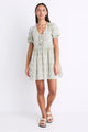 Frontier Khaki Stripe Puff Sleeve Tie Mini Dress