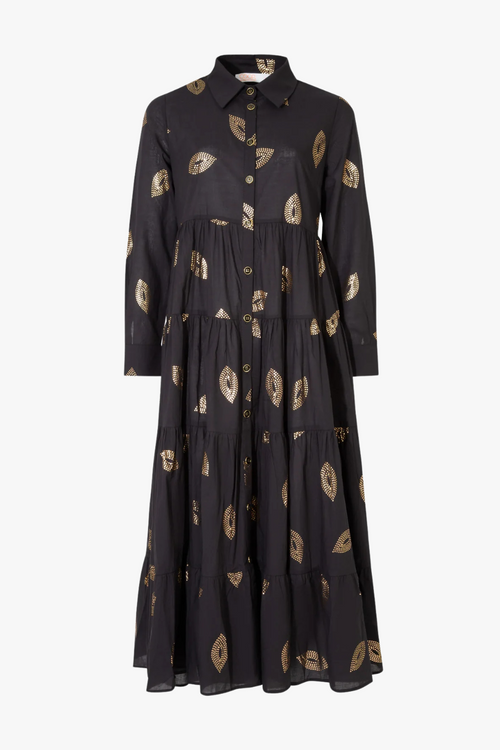 COOP gold and black print maxi collared long sleeve dress