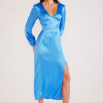 Gaia Blue LS Satin Maxi Dress