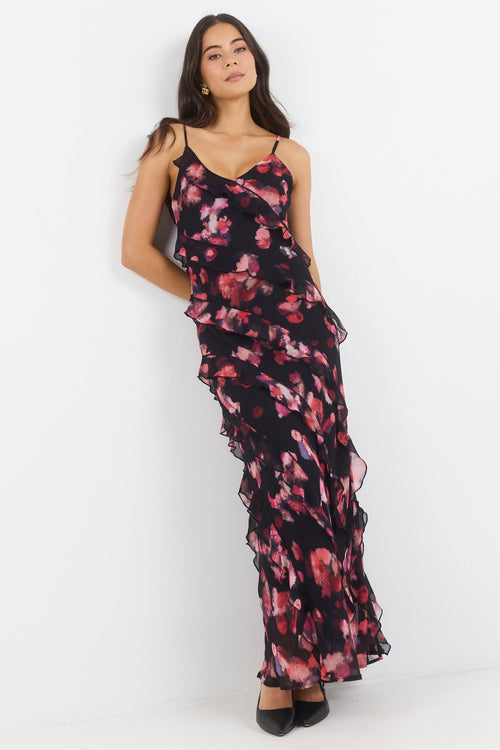 Woman wearing a floral dress on a white background
