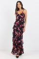 Galore Black Pink Abstract Print Bias Ruffle Slip Maxi Dress