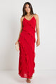 Galore Flame Bias Ruffle Slip Maxi Dress