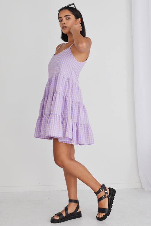 Garden Lilac Gingham Strappy Tiered Empire Mini Dress WW Dress Ivy + Jack   