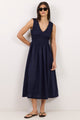 Garland Navy Linen V Neck Shirred Bodice Midi Dress