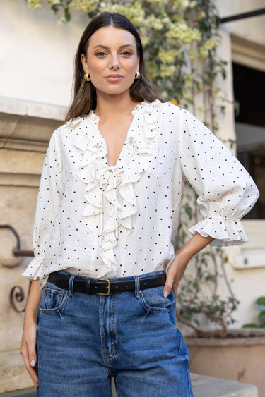 Garnish Cream Black Polka Dot Frill Front Mid Sleeve Top