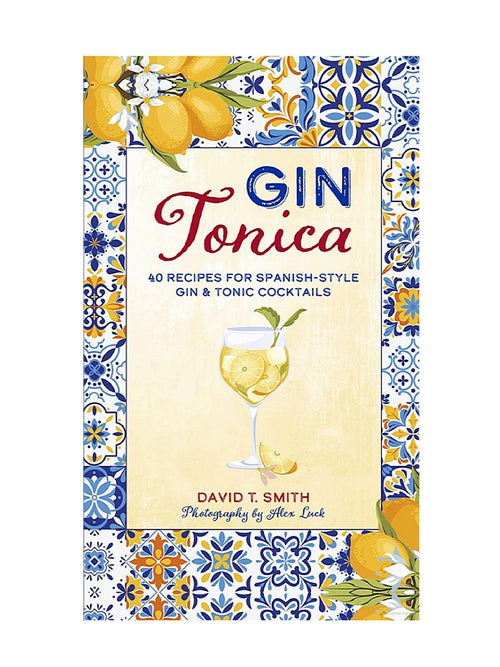 Book cover of 'Gin Tonica' with a colorful border and lemon illustrations.