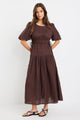 Glory Chocolate Linen Puff Sleeve Midi Dress