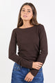 Groove Chocolate Ruched Side Long Sleeve Knit Top