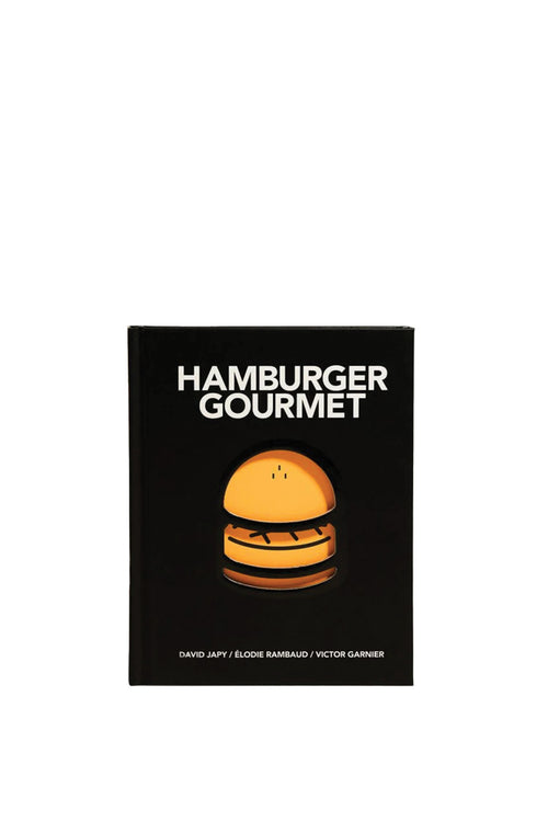 Book titled 'Hamburger Gourmet' with a hamburger illustration on a black background