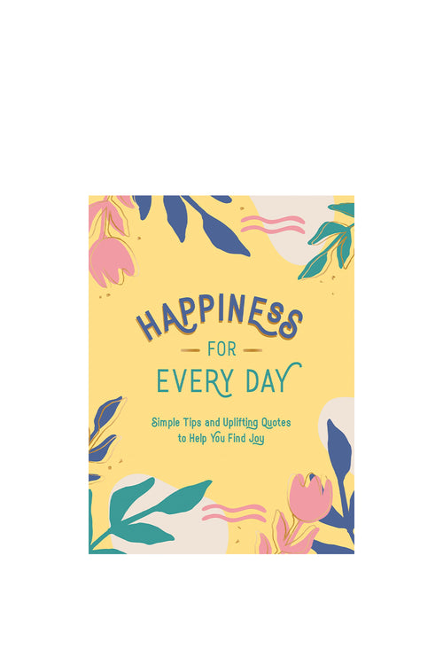 Book titled 'Happiness for Every Day' with floral design on a yellow background