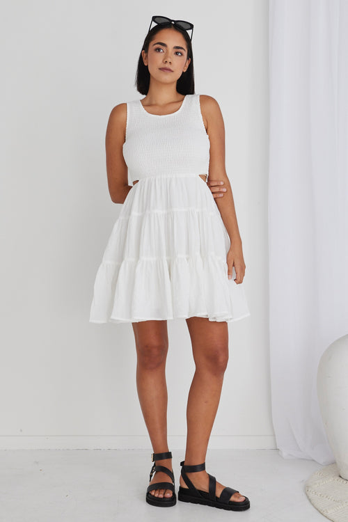 Harley White Sleeveless Waist Cut Out Tiered Mini Dress WW Dress Ivy + Jack   