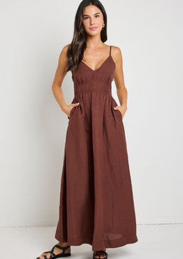 model wears Brown Linen Maxi Dress