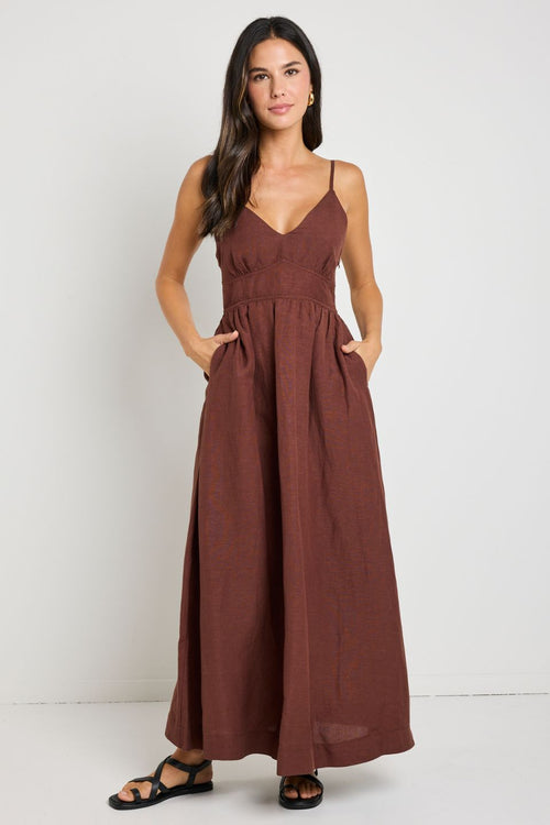 model wears Brown Linen Maxi Dress