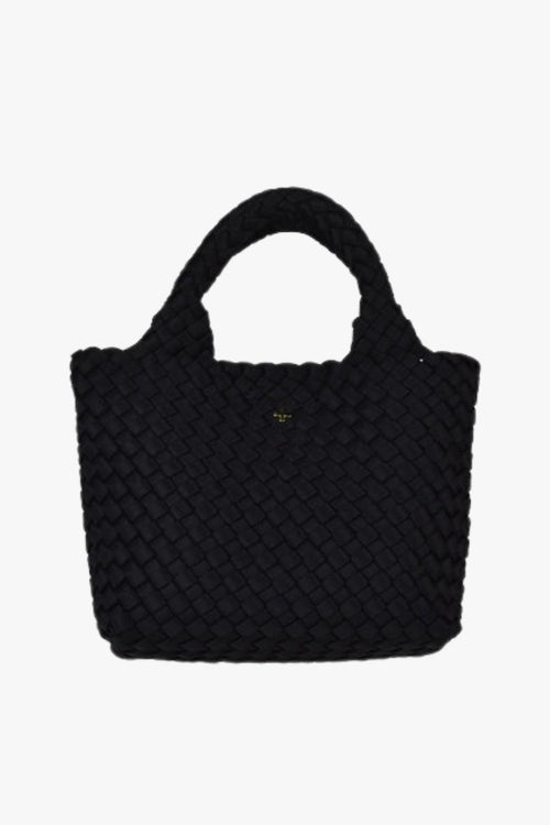 Black woven mini handbag with top handles and textured basket weave design.