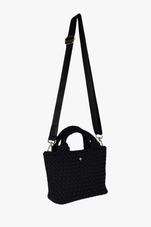 Black woven mini handbag with top handles and textured basket weave design.