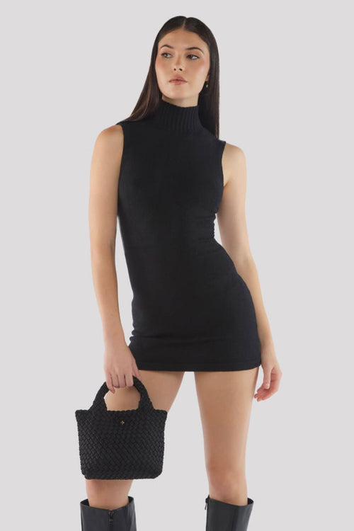 Black woven mini handbag with top handles and textured basket weave design.