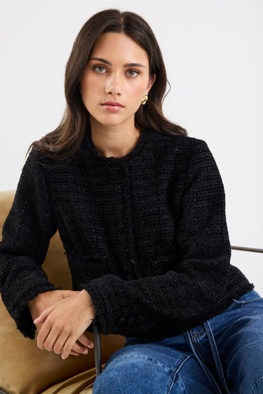 Honoured Black Texture Tweed Buttoned Jacket