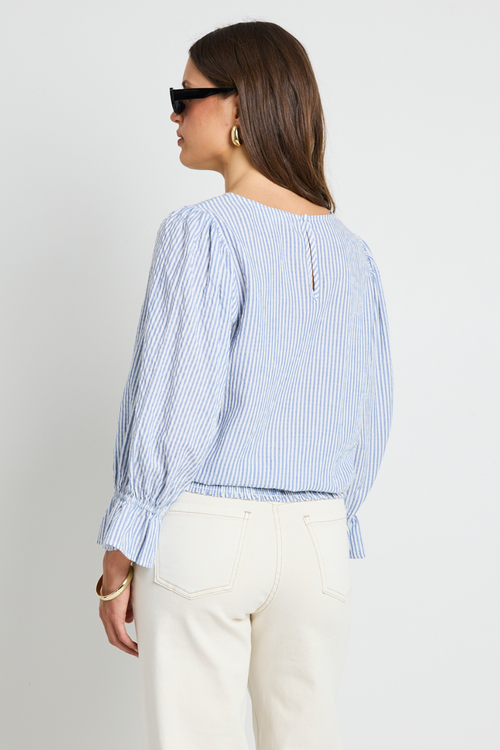 model wears blue stripe top