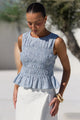 Impulsive Blue Mini Gingham Shirred Sleeveless Top