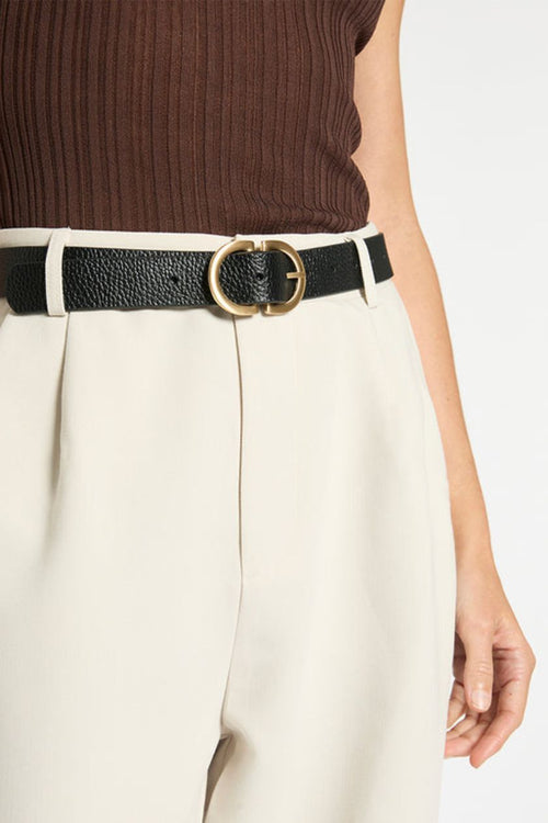 black leather belt with gold buckle