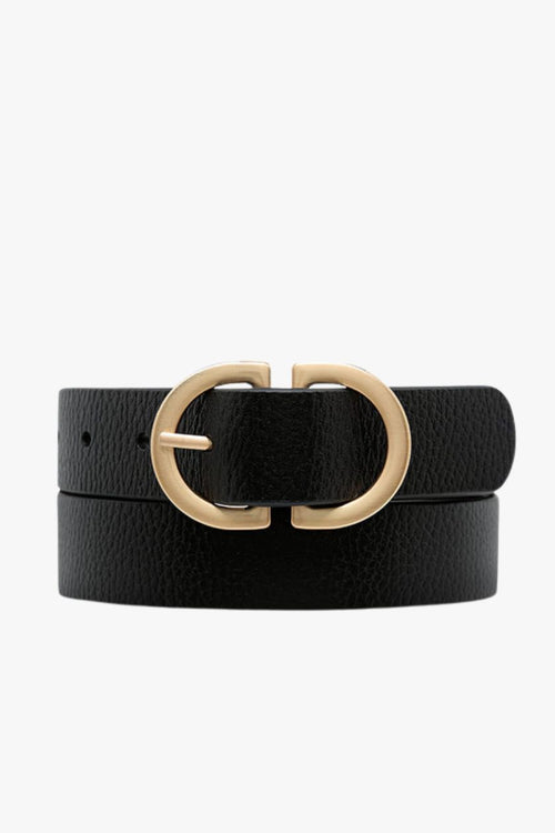 black leather belt with gold buckle
