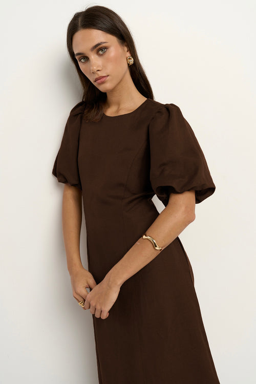 model wears a brown midi linen dress