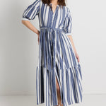 model wears navy stripe shirt midi dress