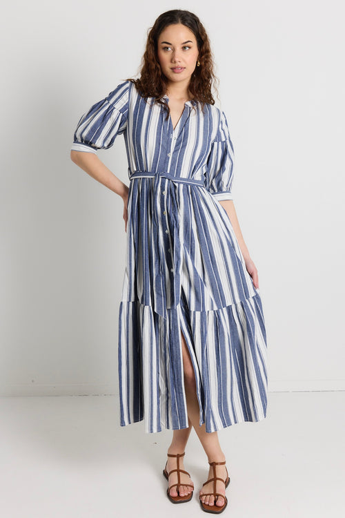 model wears navy stripe shirt midi dress