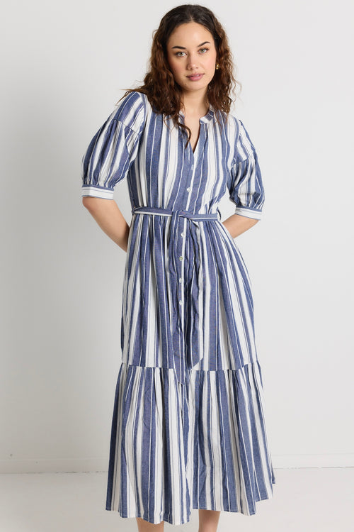 model wears navy stripe shirt midi dress