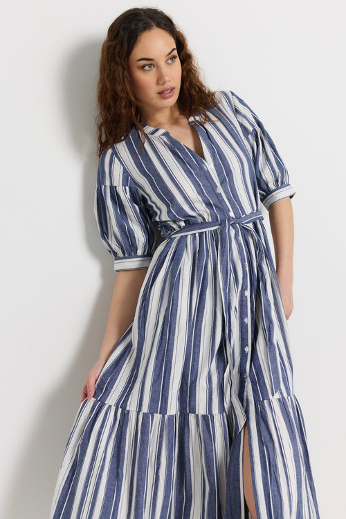 model wears navy stripe shirt midi dress