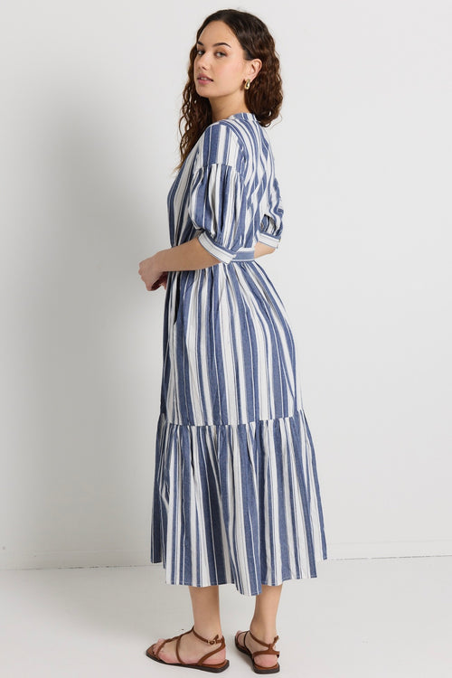 model wears navy stripe shirt midi dress