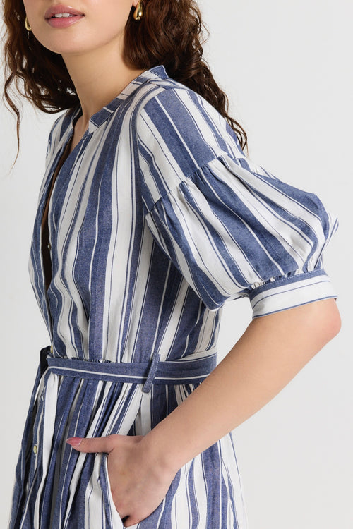 model wears navy stripe shirt midi dress