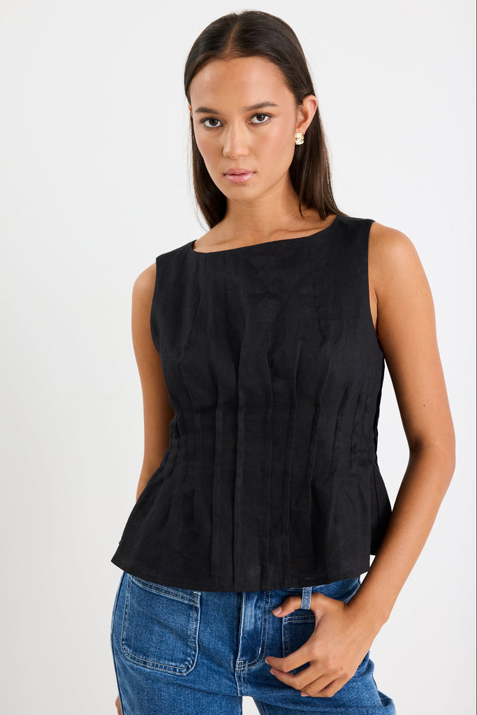 Inspiration Black Linen Pintuck Front Bo | Flo & Frankie