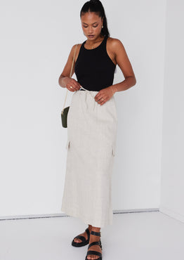 Invincible Natural Linen Elastic Waist Pocket Maxi Skirt