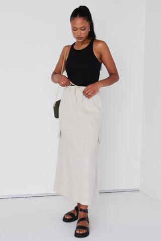 Invincible Natural Linen Elastic Waist Pocket Maxi Skirt