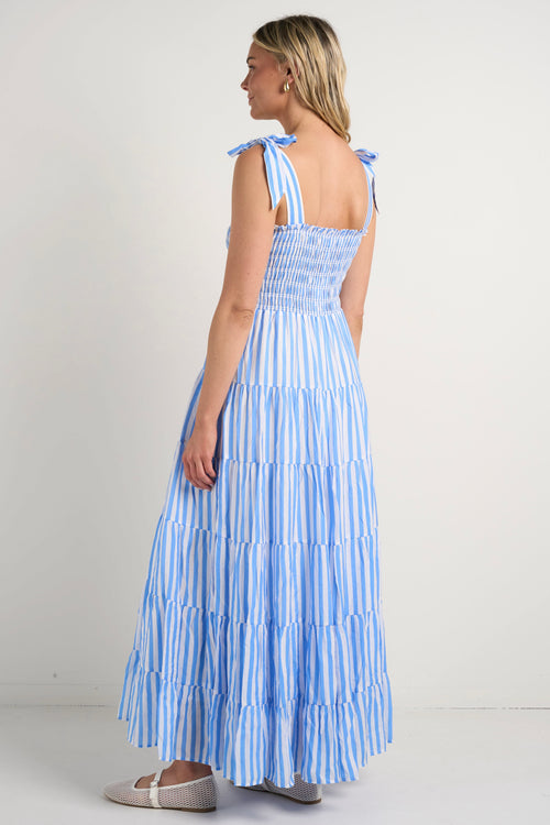 model wears a blue stripe maxi dress