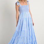 model wears a blue stripe maxi dress