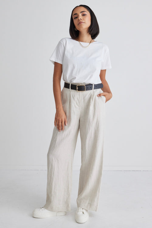 model wears a beige linen pant