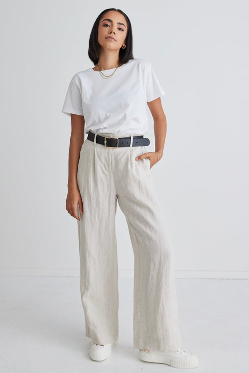 model wears a beige linen pant