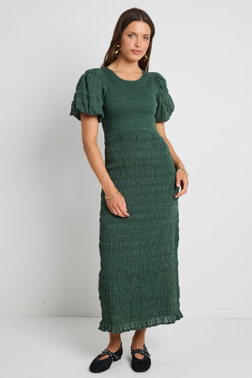 model wears Green Shirred Cotton Maxi Dress