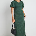 model wears Green Shirred Cotton Maxi Dress