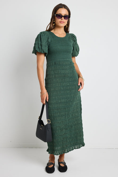 model wears Green Shirred Cotton Maxi Dress