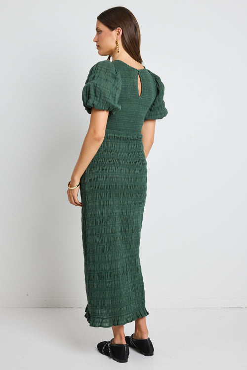 model wears Green Shirred Cotton Maxi Dress