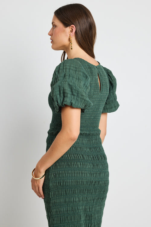 model wears Green Shirred Cotton Maxi Dress