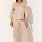 June Camel Contrast Stitch Linen Pant