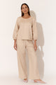 June Camel Contrast Stitch Linen Pant